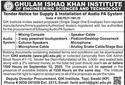 Ghulam Ishaq Khan Institute of Engineering Science & Technology Swabi Tender Notice
